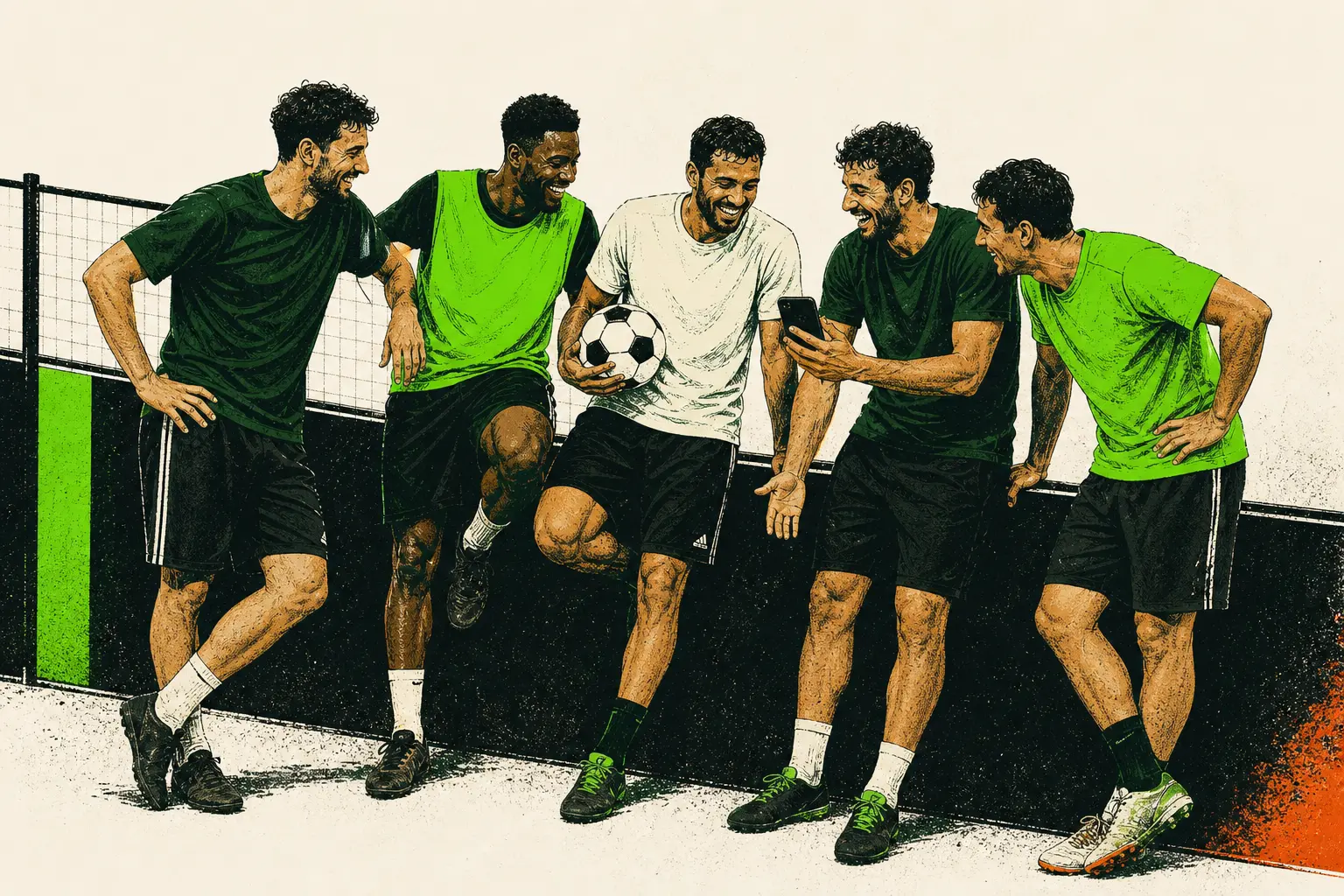 Cinq joueurs de foot à 5 rient ensemble après leur match