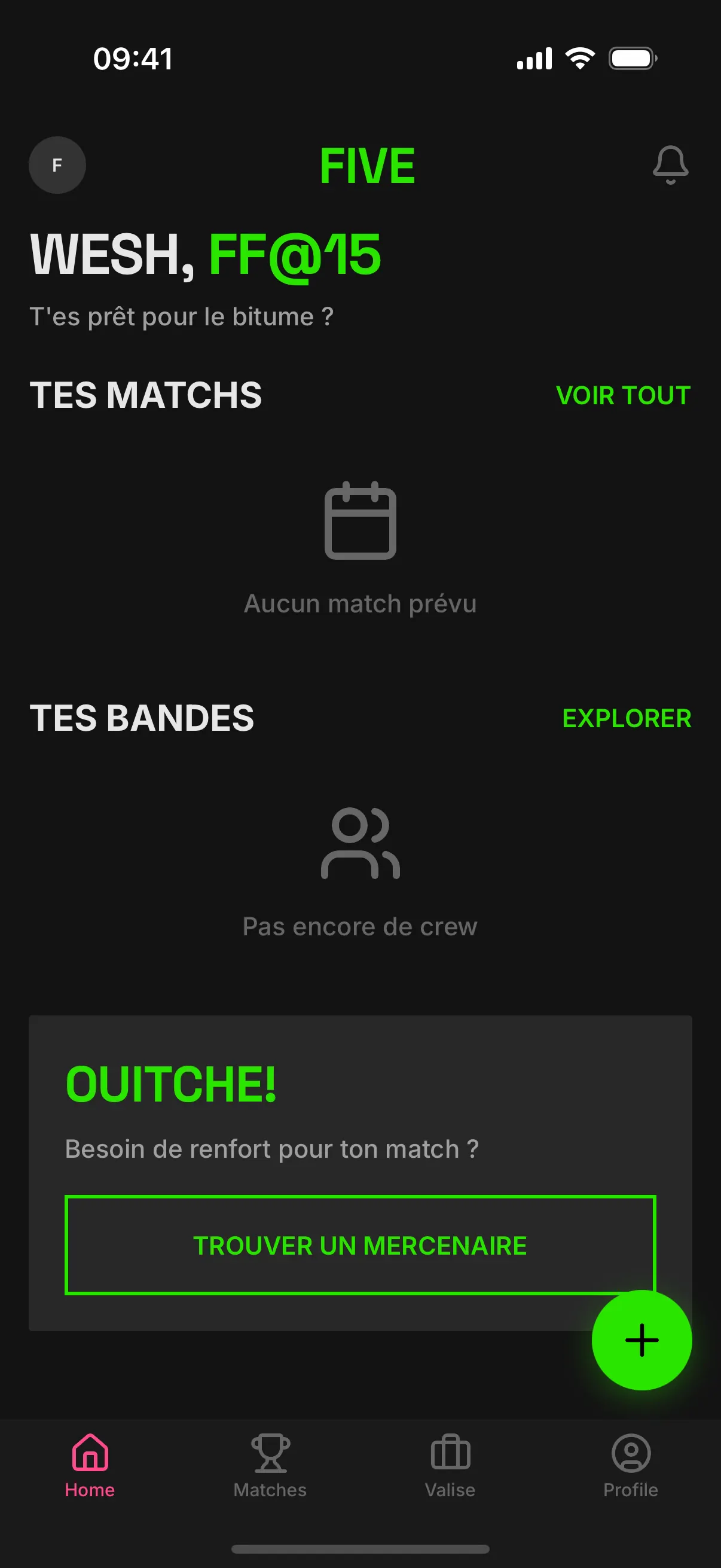 Écran d'accueil de l'application Five