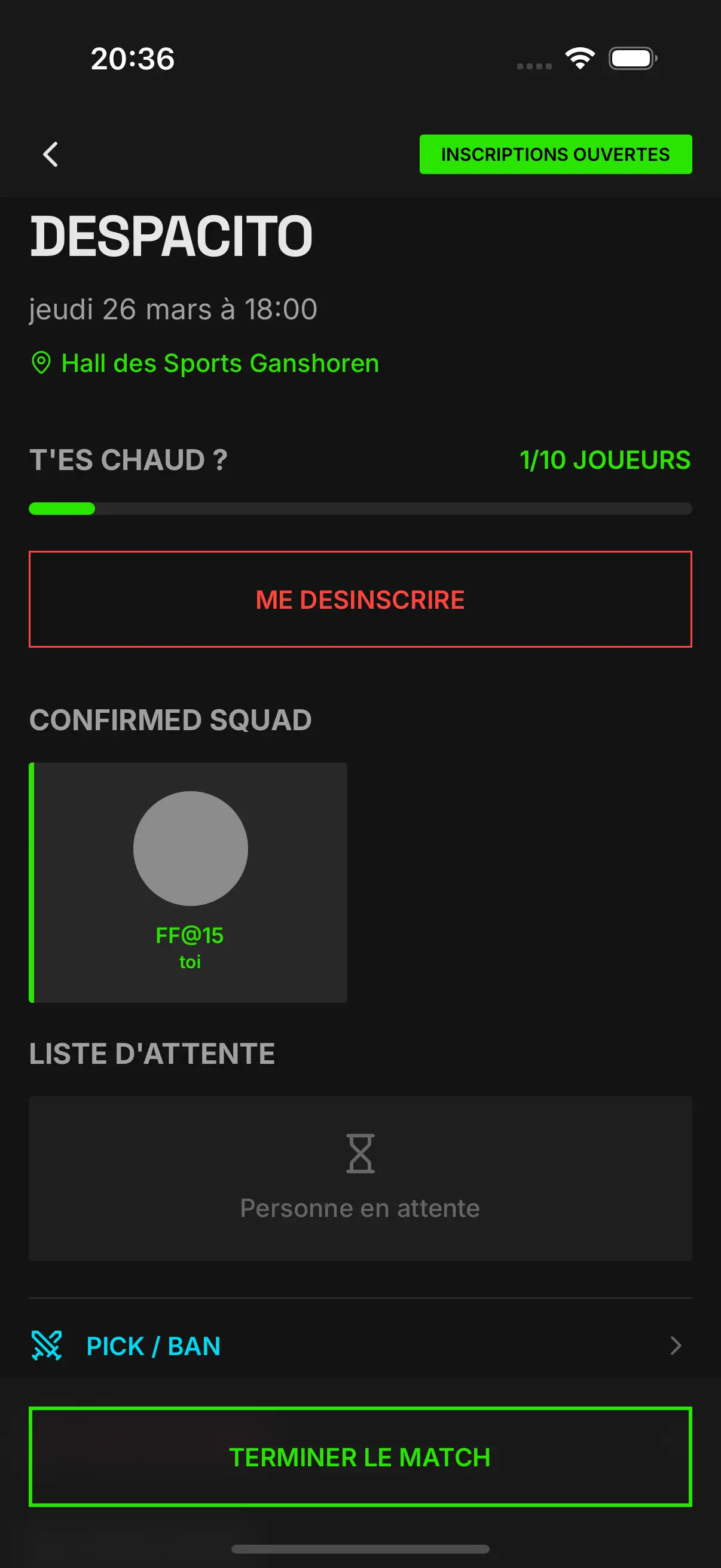 Écran Five montrant les inscriptions ouvertes pour un match