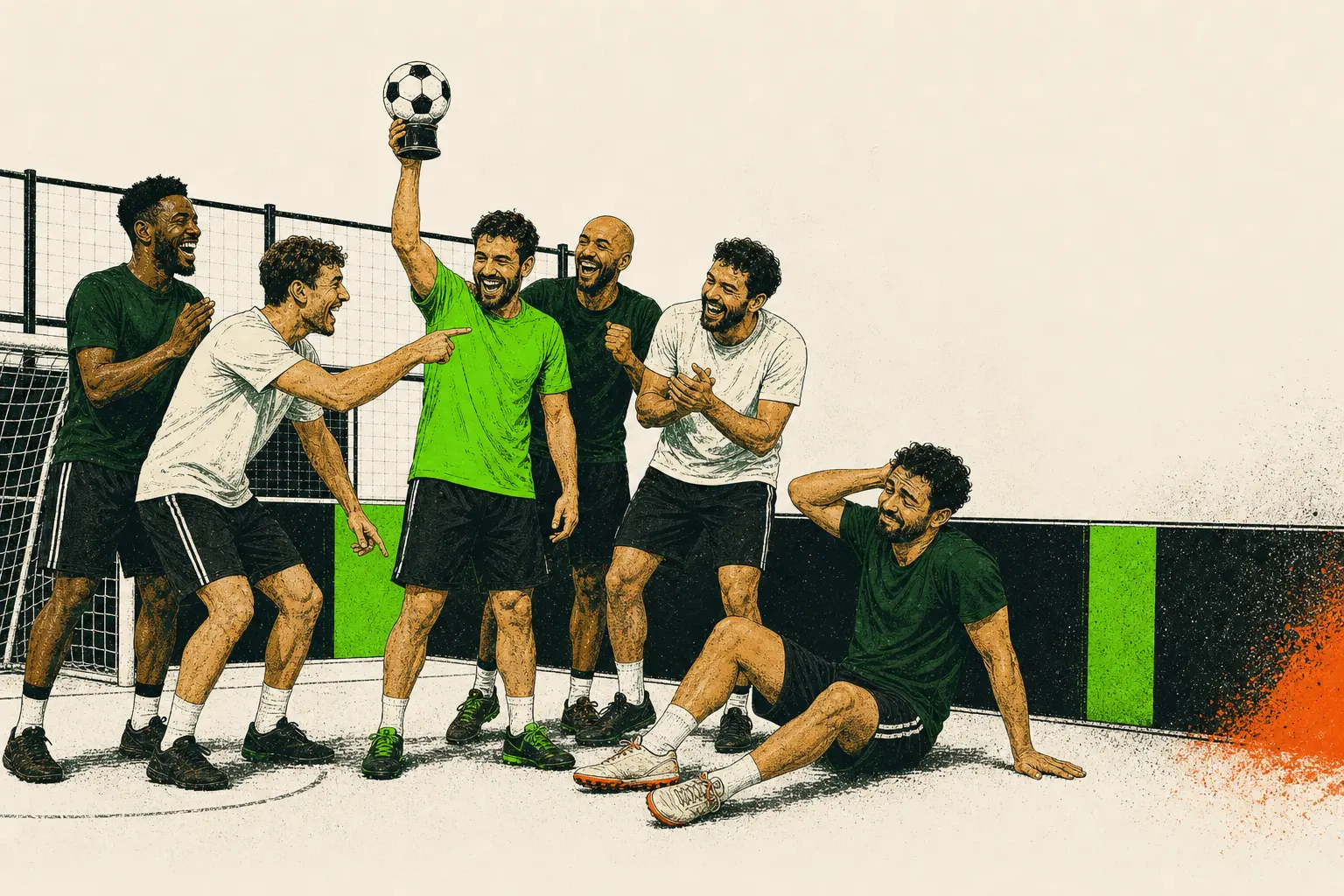 Un groupe de joueurs de foot à 5 célèbre son homme du match après la partie