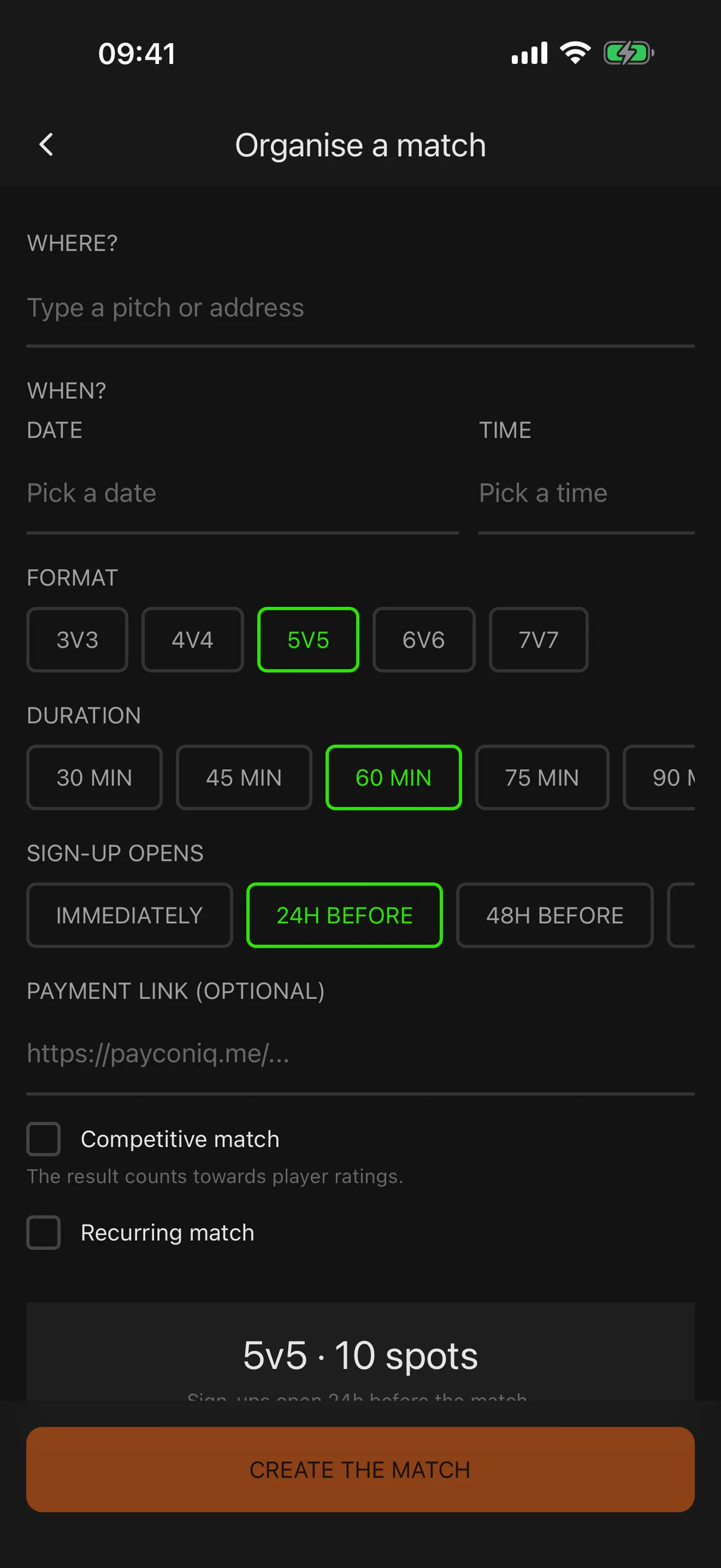 Five — match creation with venue and time