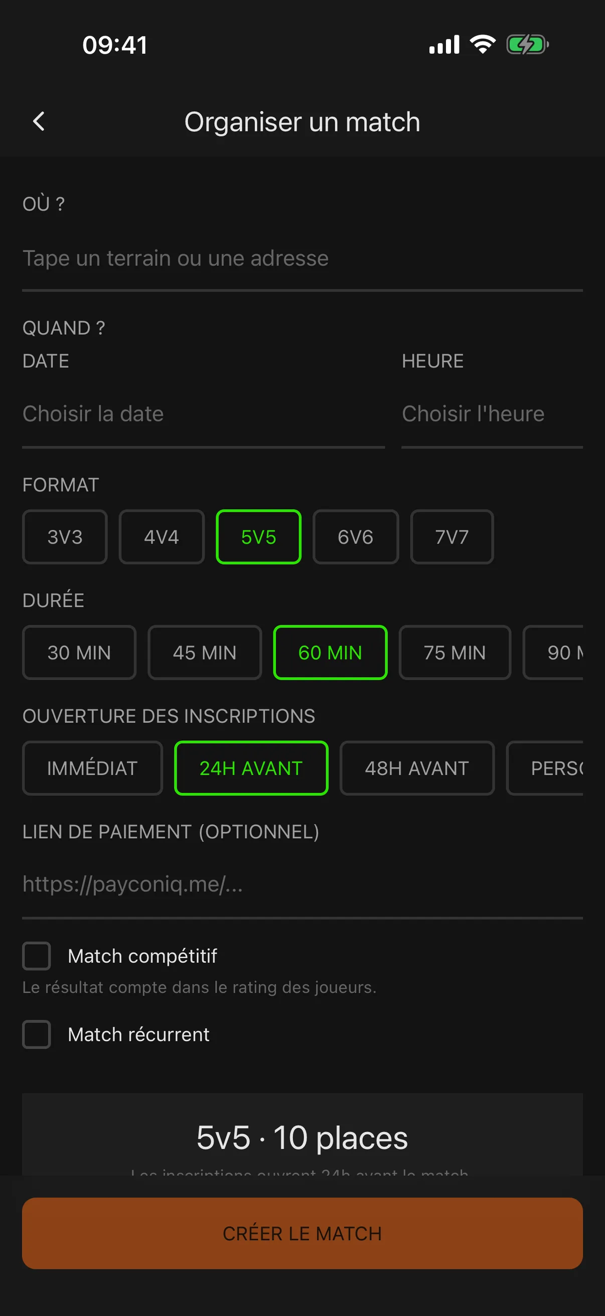 Five — création de match avec terrain et horaire