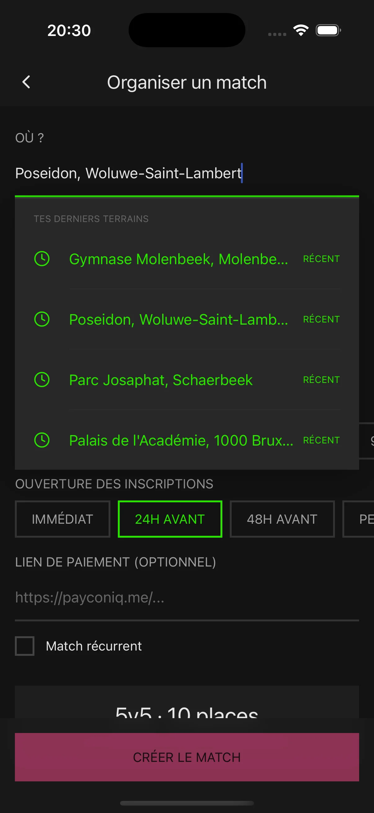 Five — création de match avec terrain et horaire